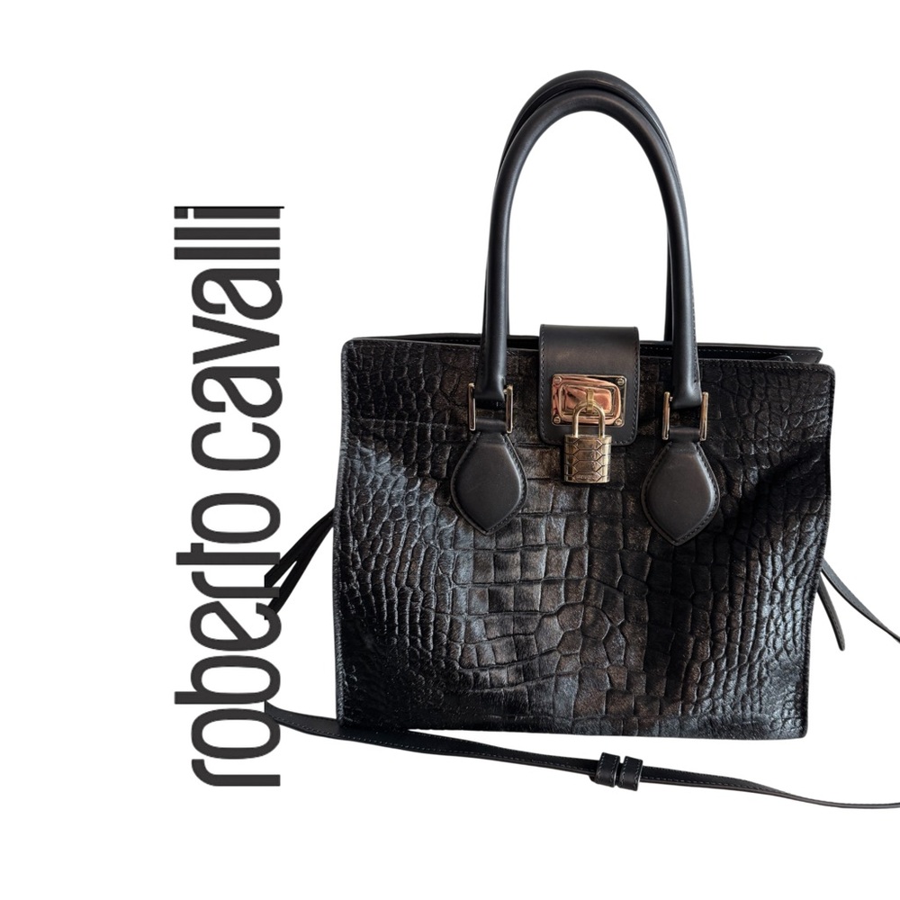 Roberto Cavalli Black Croc-Pattern Satchel